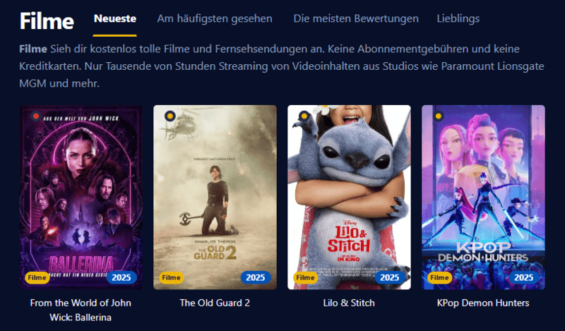 Ansicht der Einschalten Benutzeroberfläche die eine moderne Streaming Plattform mit Filmen und Serien darstellt